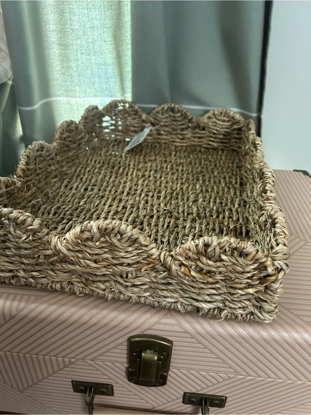 Festive Voice Woven Scalloped Edge Tray Natural Brown New